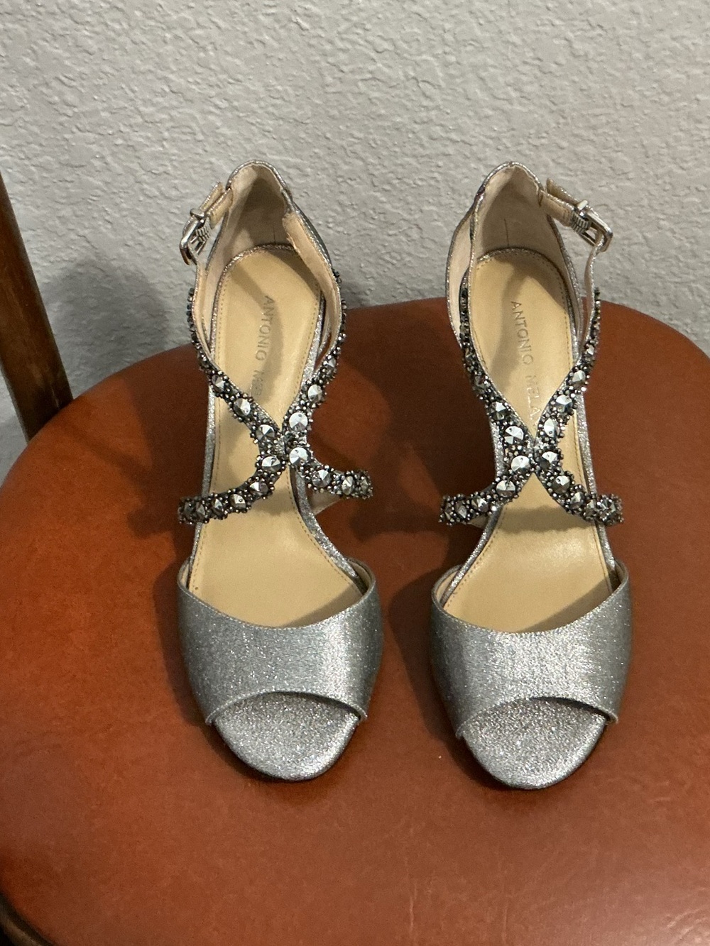 ANTONIO MELANI Silver Rhinestone-Strap Open-Toe Heels